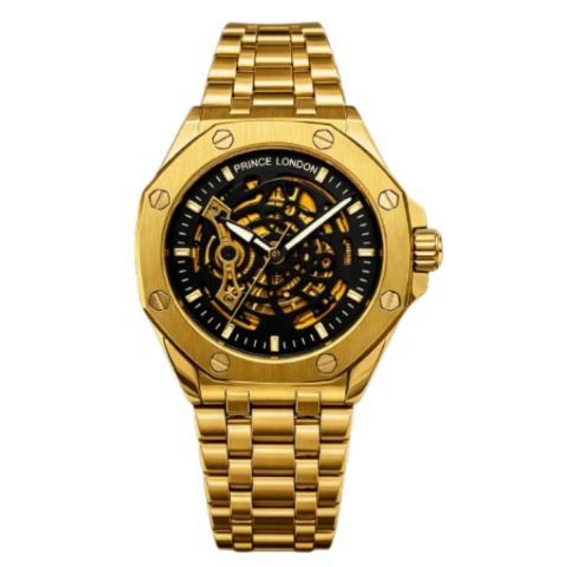 NYL Mens Automatic Metal Hollow mechanical Dial Analogue Gold/Black Metal Bracelet Watch NY London
