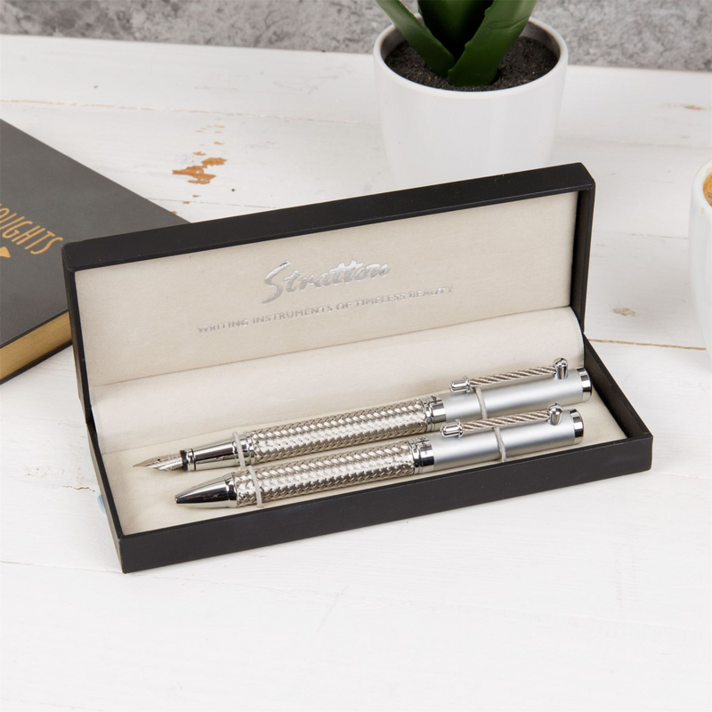 Stratton Rollerball & Fountain Pen Set - 2 Tone Silver