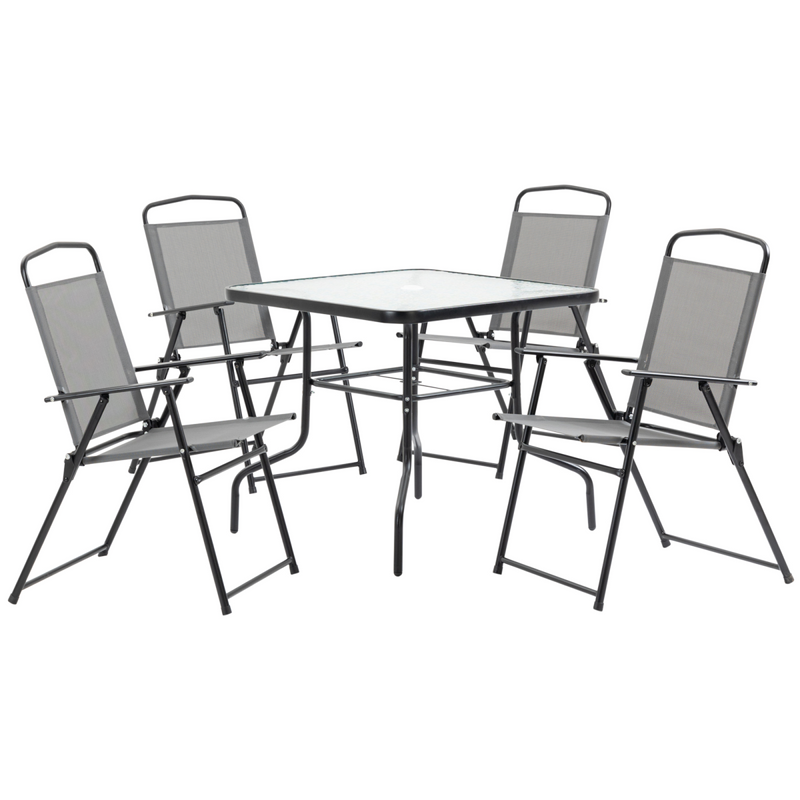 5Pc Garden Dining Set 4 Folding Chairs, Glass Top Table Texteline Seats, Black