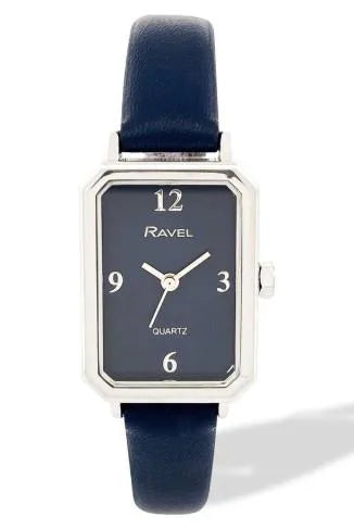 Ravel Ladies Fashion Rectangular Silver Case Dial with Blue Leather Strap Watch