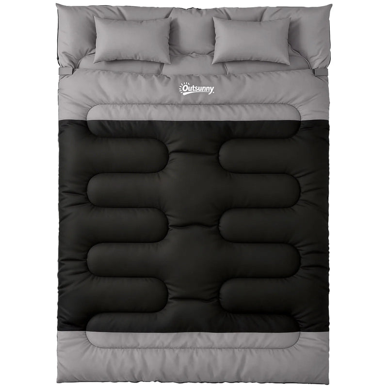 Outsunny Double Sleeping Bag with 2 Pillows, 220 x 160 cm Extra-Large Sleeping Bag for Adults, Black and Grey