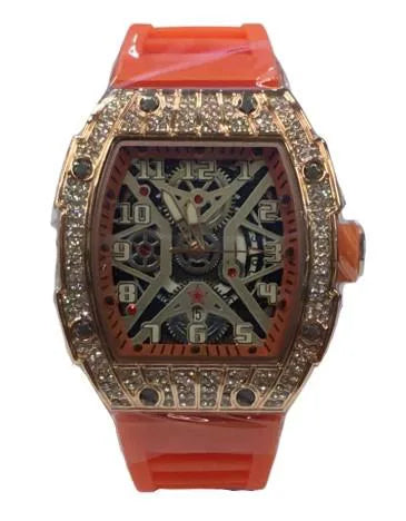 New Rubber Gents Rose Bling Fashion Quartz Movement Skeleton Clear Dial Orange Rubber Strap Watch