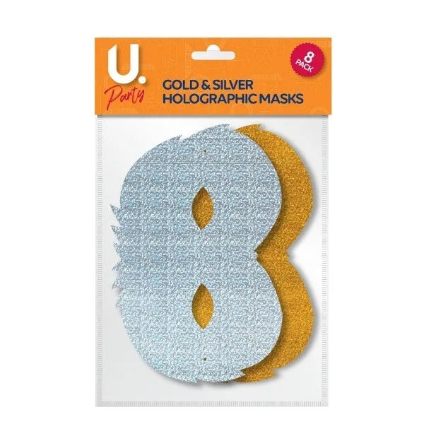 Holographic Paper Party Masks Gold And Silver Pack Of 8