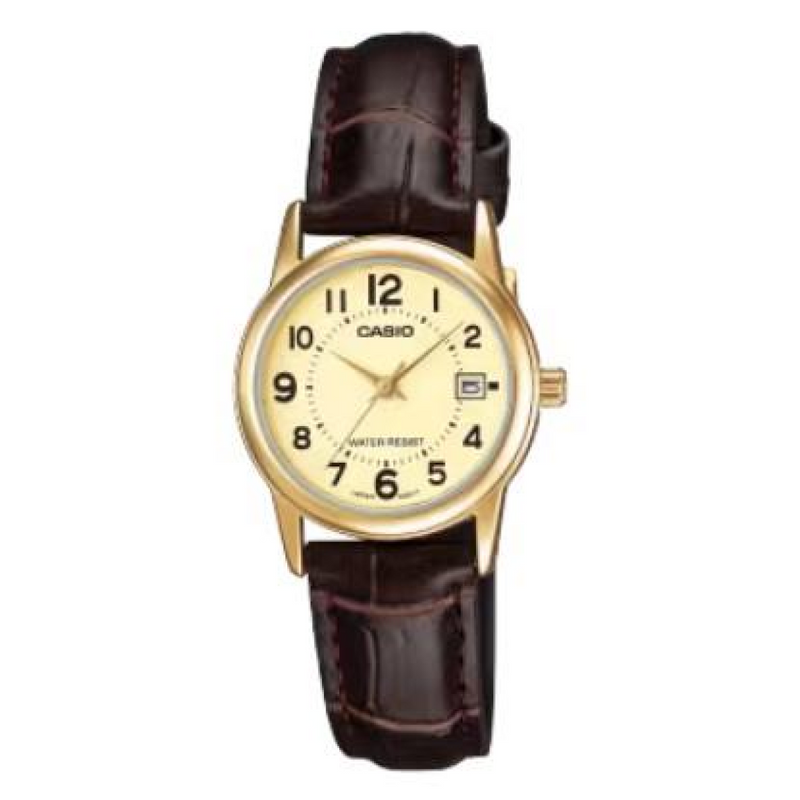 Casio Ladies Dated Analogue Designer Gold Dial Brown Leather Strap Watch