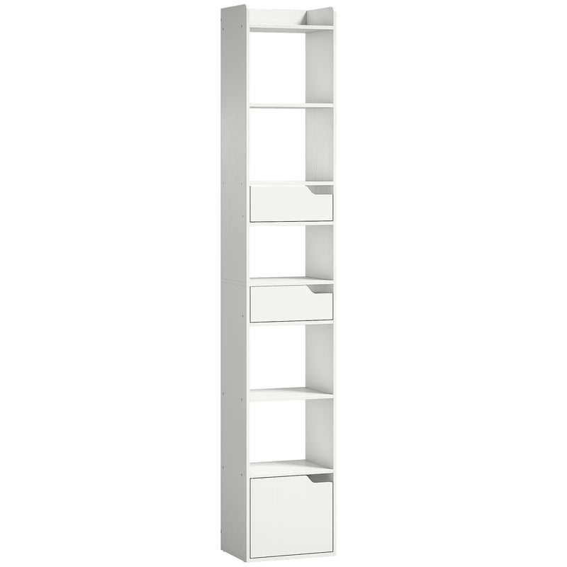 HOMCOM Bookcase Tall Narrow with 5 Tiers and Drawers Freestanding Bookshelf Storage Cabinet for Living Room White Wood Effect