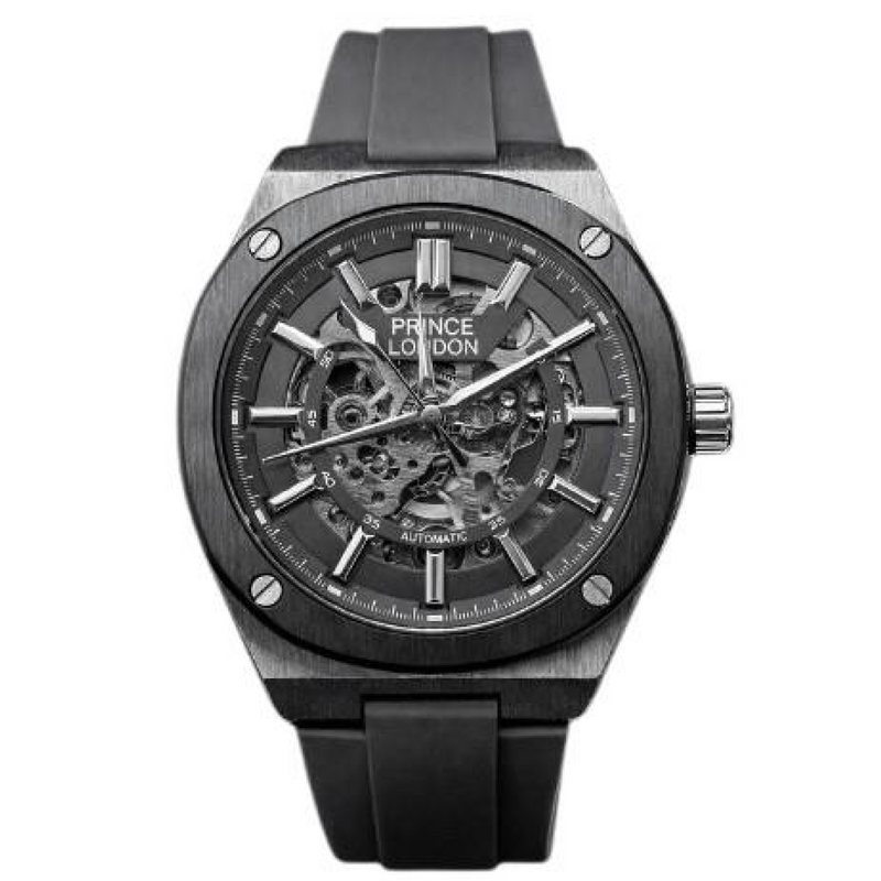 NYL Mens Fashion Automatic Rubber Mechanical Square Face Dial Analogue Gun/Black Rubber Strap Watch NY London
