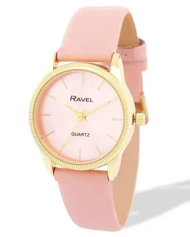 Ravel Ladies Fashion Round Golden Textured Case Dial with Pink Leather Strap Watch