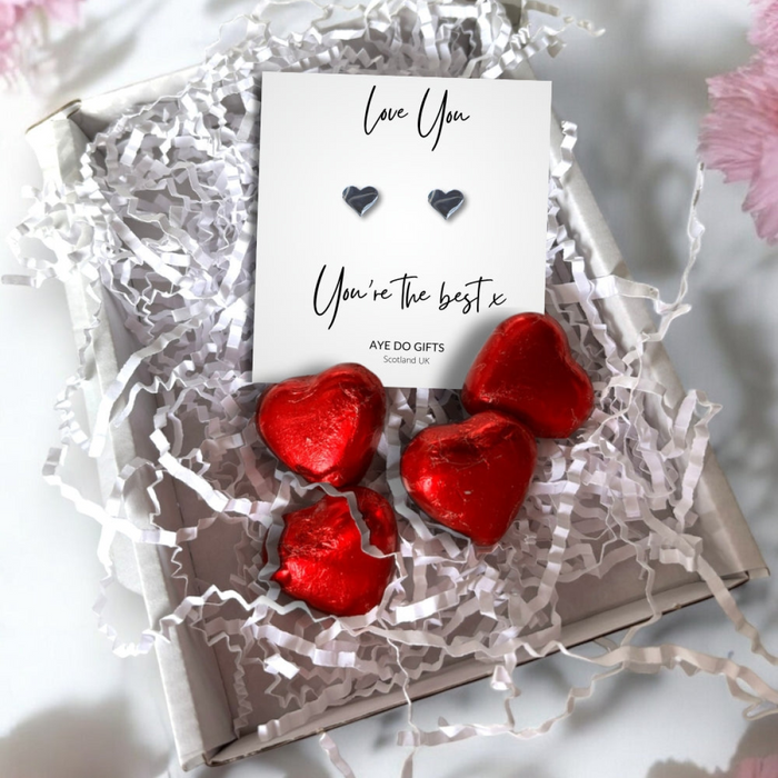 Silver Heart Stud Earrings & Love You You're the Best x Mini Gift Hamper