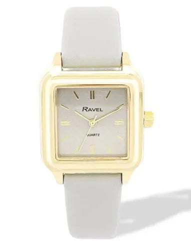Ravel Ladies Fashion Summertime Square Gilt Case Dial with Grey Leather Strap Watch
