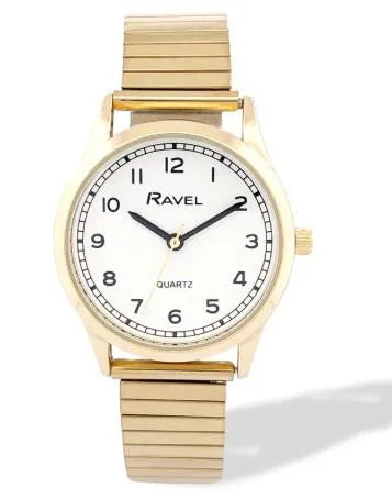 Ravel Ladies Basic Easy Read Minute Track on White Dial Golden Stainless Steel Expander Bracelet Watch