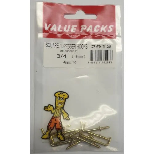 3 4" Square Dresser Hooks Brassed
