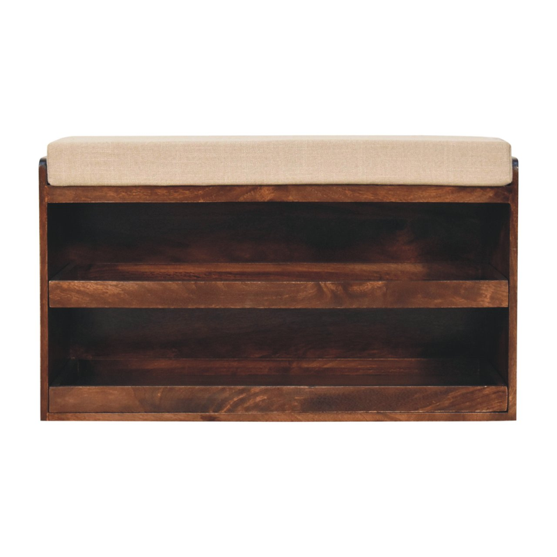 Artisan Furniture Solid Wood California Walnut & Mud Linen Pull out Shoe Bench, Upholstered, 2 Shelves, Brown