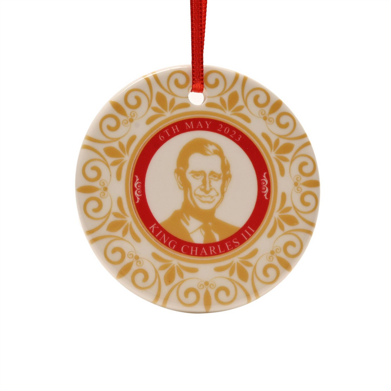 King Charles III Ceramic Round Ornament with Ribbon Made In UK - Image