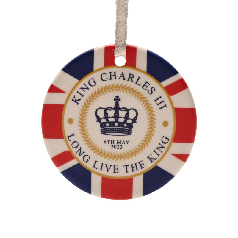 King Charles III Ceramic Round Ornament with Ribbon Made In UK - Union Jack
