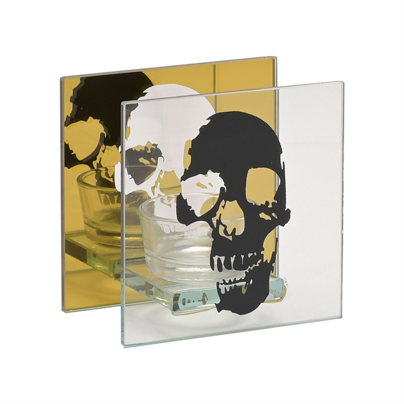 Gold and Black Mirror Skull Silhouette Tealight Holder