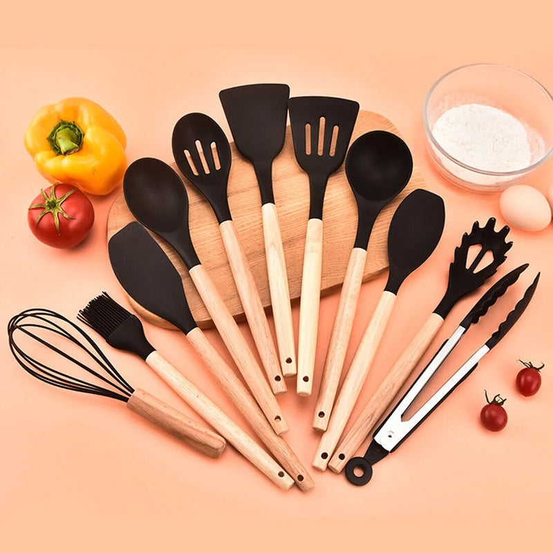 NEW 12Pcs Kitchen Utensils Set Silicone Cooking Nonstick Spatula Turner Spoon Tools UK