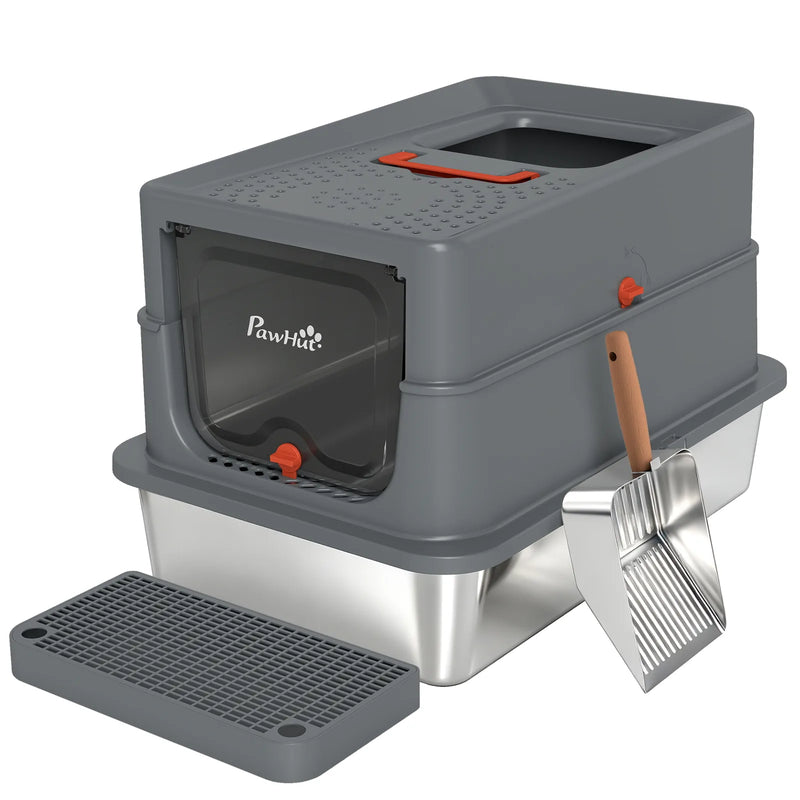 PawHut Stainless Steel Cat Litter Tray with Lid, XL 90L Enclosed Cat Litter Box with Step, Scoop, High Side, Dark Grey