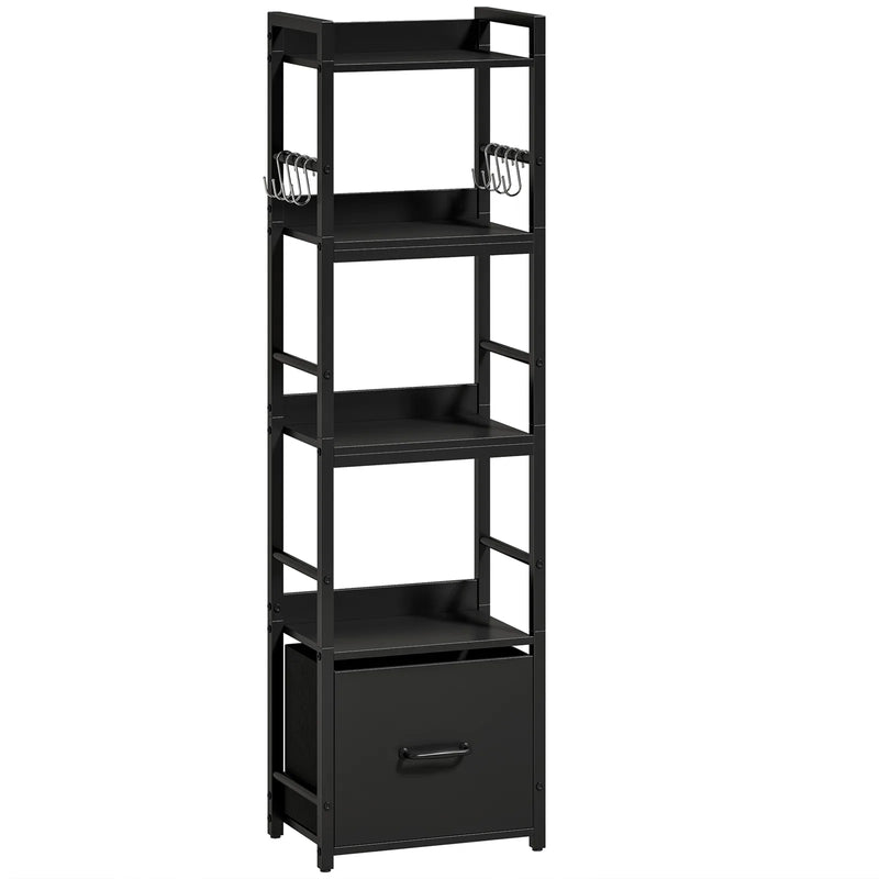 HOMCOM 4-Tier Bookshelf, Narrow Bookcase with Drawer, 8 Hooks, Metal Frame, Black