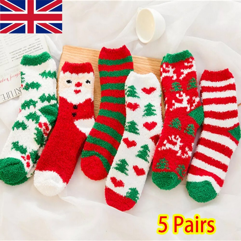 5 Pairs Christmas Soft Ladies Fluffy Lounge Cosy Bed Socks Winter Warm Gift Bag