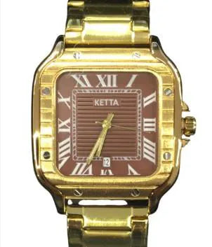 Ketta Mens Fashion Square Roman Number Dated Red Dial Golden Metal Bracelet Strap Watch