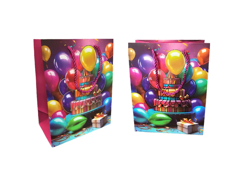 Paper Birthday Party Gift Bag With Cake And Balloon Design