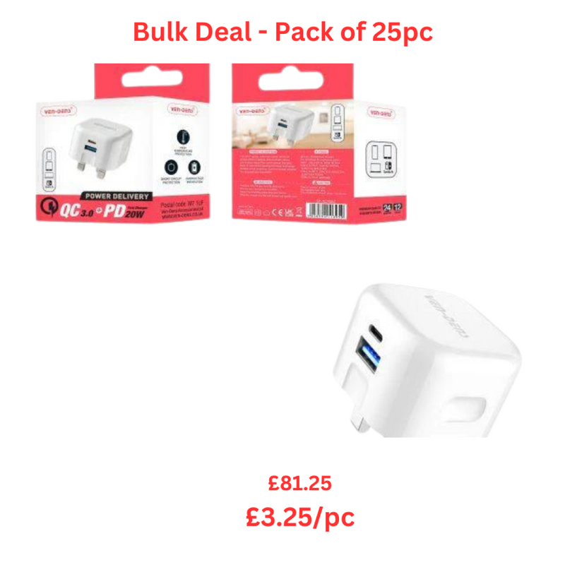 Ven-Dens Dual Port QC 3.0 + PD 20w Fast Charger - Bulk Deal Pack of 25pc