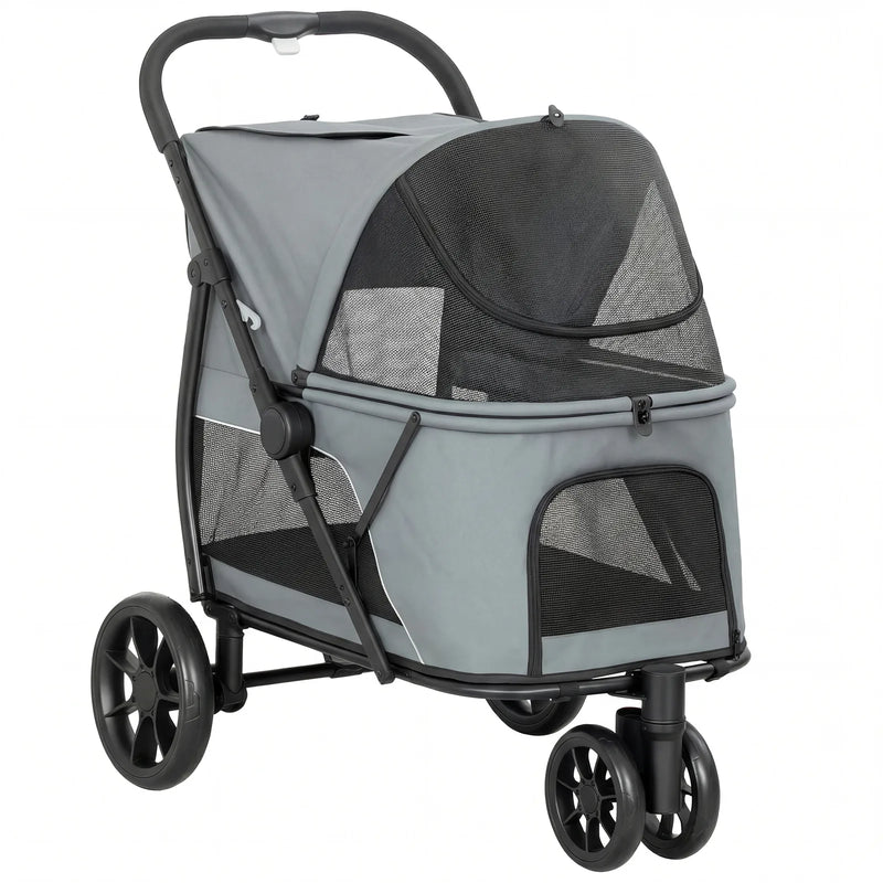 PawHut Dog Stroller, 3 Wheels Pet Stroller with Dual Entry, Easy One-Click Quick Fold, Mesh Windows, Washable Cushion
