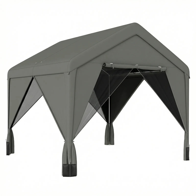 Outsunny 3 x 3 m Patio Gazebo with Netting & Curtains, Outdoor Canopy Shelter with Galvanised Steel Frame, Dark Grey