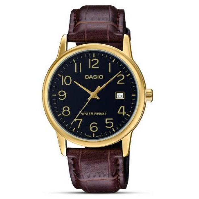 Casio Mens Basic Big Number Dated Black Dial Brown leather Strap watch