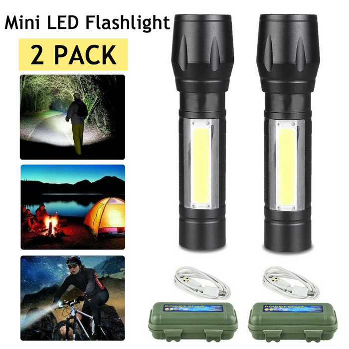 2Pcs Mini Zoomable LED Flashlight USB RechargeableCamping Hiking Flashlight Work light