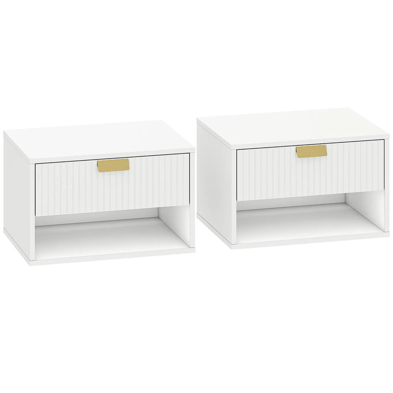 HOMCOM Set of 2 Wall Mounted Nightstands, Floating Bedside Tables with Fluted Drawer and Open Shelf for Small Bedroom, White