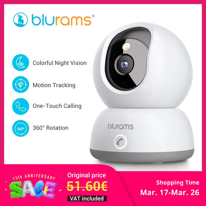 Blurams 2K Indoor Camera for Home Security, 360° Pet Dog Camera with Phone App, 2-Way Talk, One-Touch Call, Night Vision, 2.4GHz