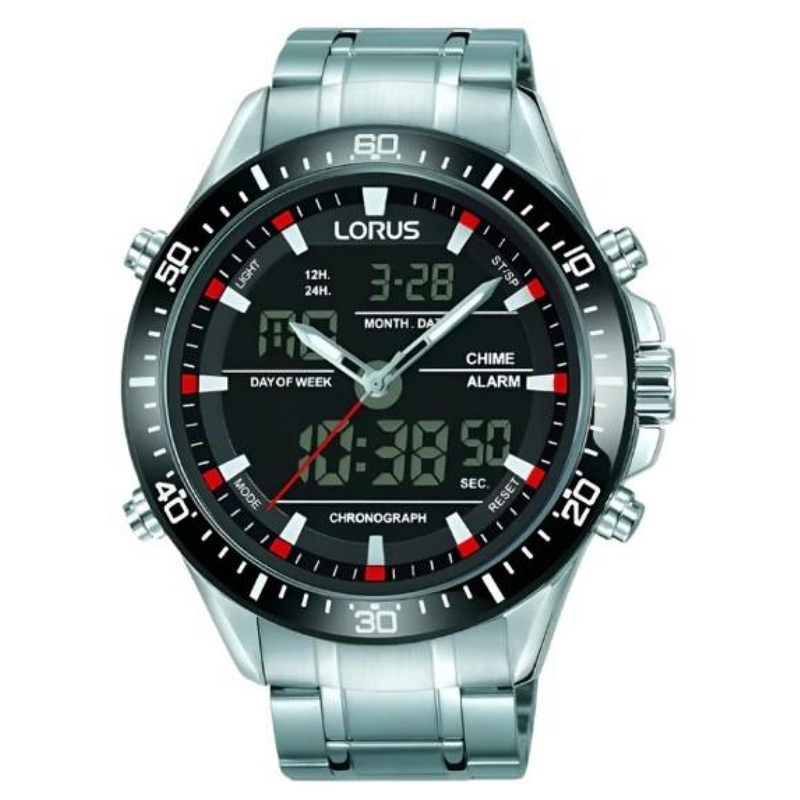 Lorus Mens Chronograph Day Date Black Dial Silver Stainless Steel Bracelet Watch RW635AX5