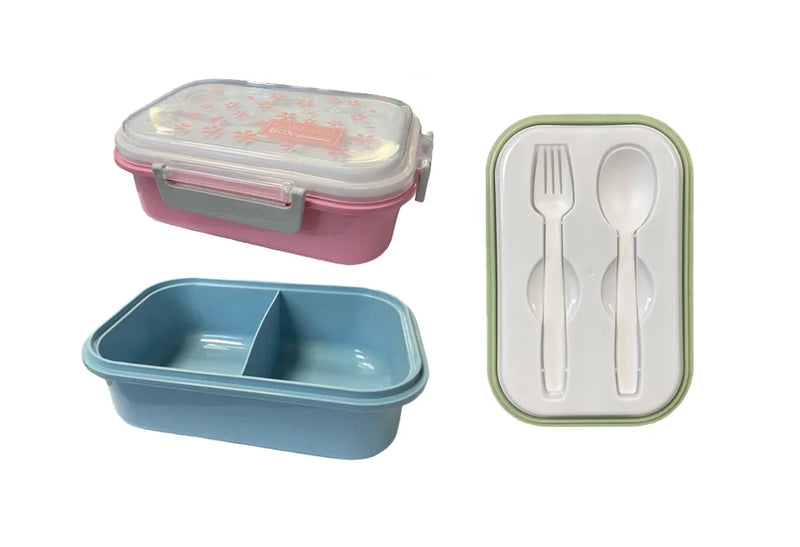 Plastic 2 Compartment Lunch Bo x With Cutlery Assorted Colours