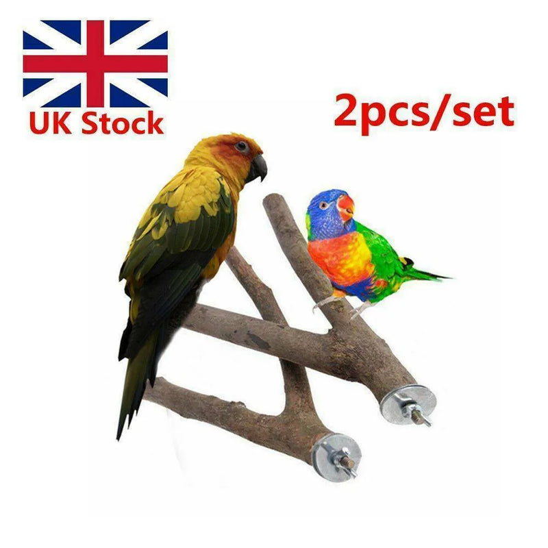 2Pcs/Set WoodParrot Bird Stand Tree Branch Hanging Toys Cage Perches Pet Budgie