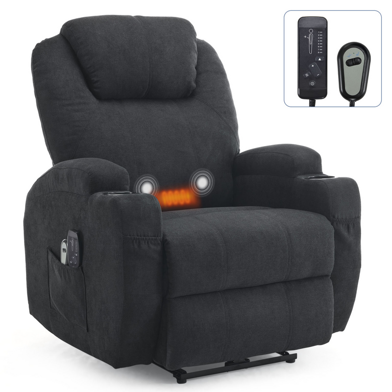 Electric Recliner Chair with 2-Point Massage & Heating, Black Fabric Indoor Functional Chair, 120kg Weight Capacity, Adjustable Reclining Chair for Living Room