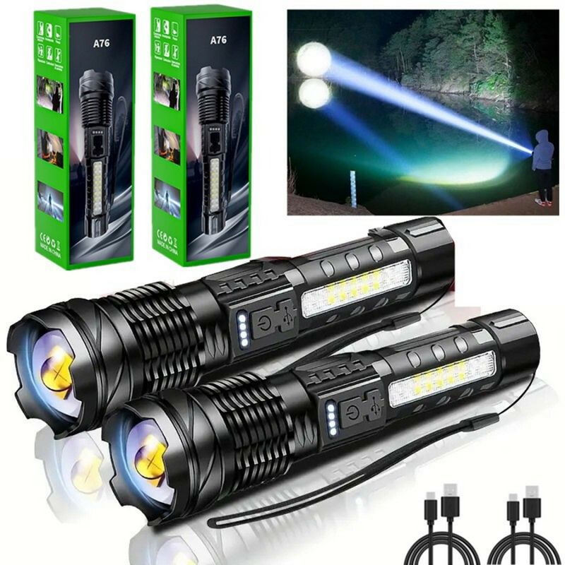 2 Pack USB Rechargeable LED Flashlight Adjustable Focus Camping Hiking Outdoor Flashlight Work light