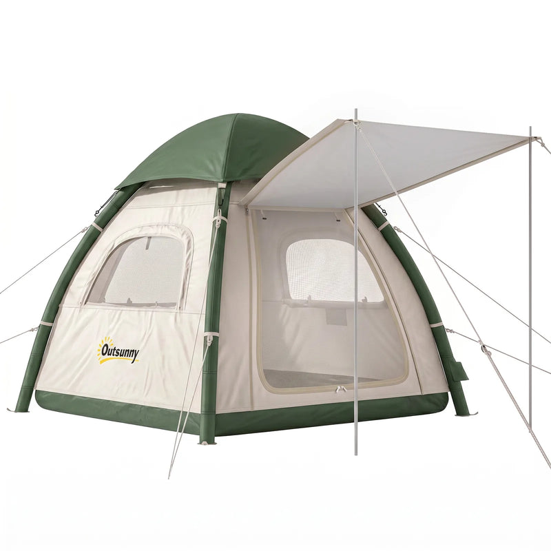Outsunny Inflatable Camping Tent with Rainfly, 2-3 Man Air Tent 3000mm Waterproof Blow Up Tents, Beige