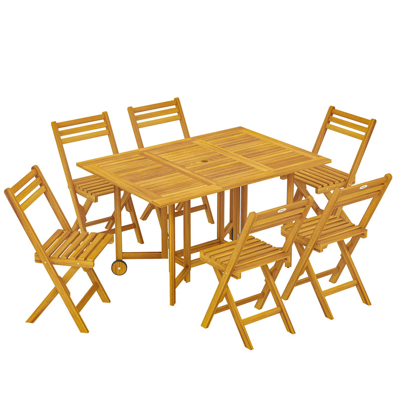 Outsunny 7 Pieces Garden Dining Set, Extending Dining Table and 6 Folding Chairs with Umbrella Hole for Patio, Natural Wood
