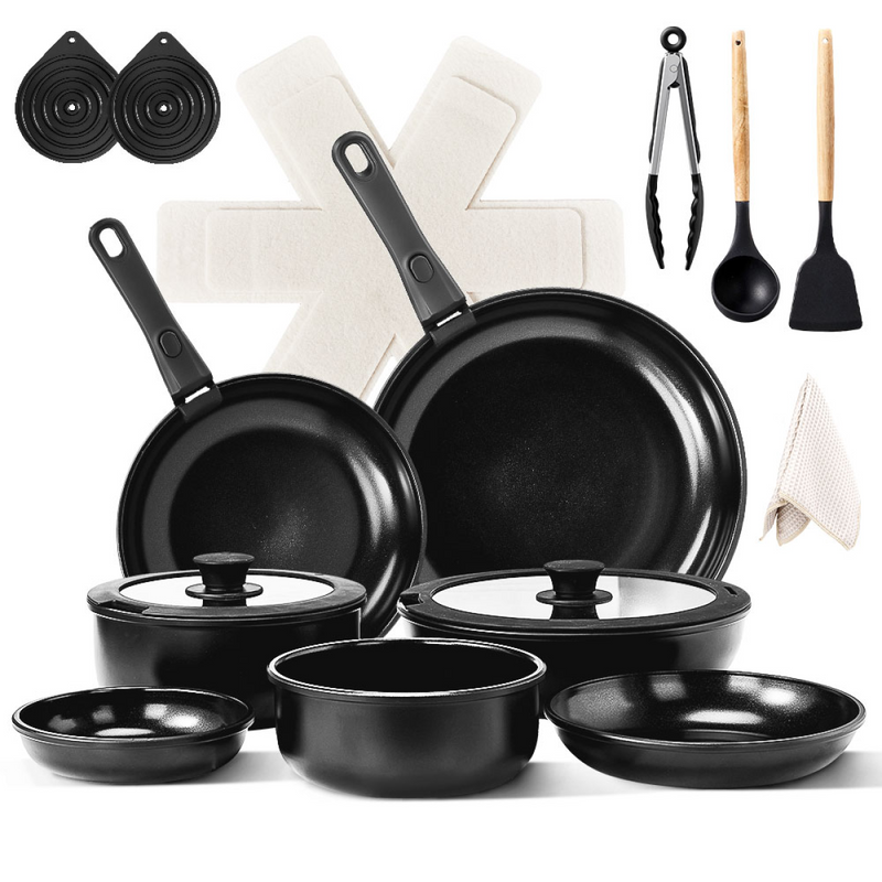 23-Piece Aluminum Cookware Set, Black Non-Stick Pots and Pans Set with Removable Handles - 7 Pots & 2 Lids, Compatible with Induction, Gas, Electric Stoves, Ideal for Home Kitchen & Outdoor Camping