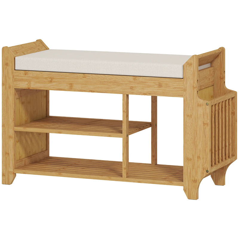 HOMCOM Shoe Bench 2-Tier Boot Section Entryway Storage Bench Cushioned Seat 80 x 30 x 50 cm Natural and Cream