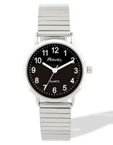 Ravel Ladies Basic Everyday Black Dial Silver Stainless Steel Expander Bracelet Watch