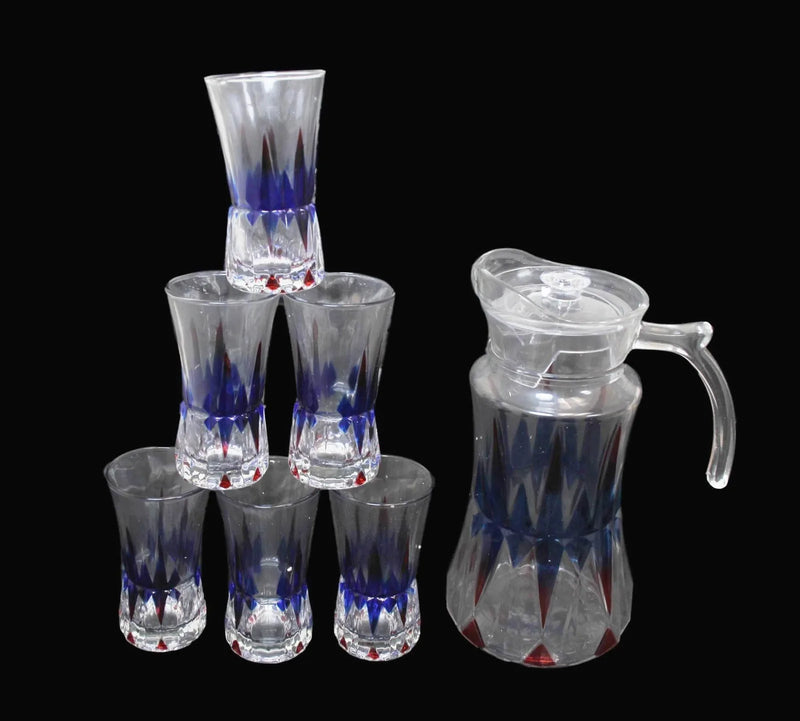 7 Piece Glassware Set Water Jug And 6 Glasses Tumblers Coloured Effect Juice Jug