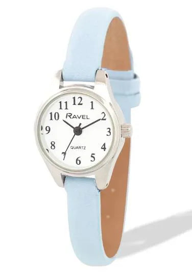 Ravel Ladies Round Petite Silver Case Clear Numeral with Light Blue Leather Strap Watch