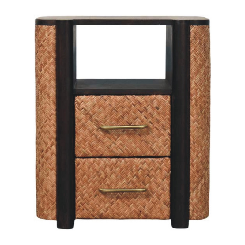 Artisan Furniture Solid Wood Rattan Curve Edge Nightstand, 2 Drawers, 1 Shelf, Brown