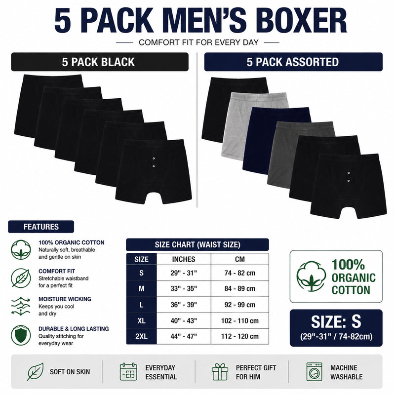 Pack of 5 Men's Cotton Boxer Shorts Button Fly Breathable Stretchy Classic Trunks Premium Comfort Everyday Wear Gym Sports Sock Stack