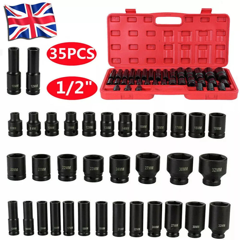 35PCS 1/2" 8-32mm Metric Drive Deep Impact Socket Tool Set Garage Chrome Steel