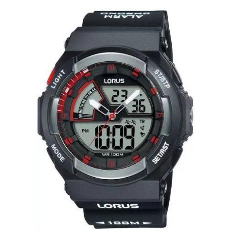 Lorus Mens Sports Chronograph Analog/Digital Black Rubber Strap Watch R2321MX9 BRAND NEW BUT NEEDS BATTERY