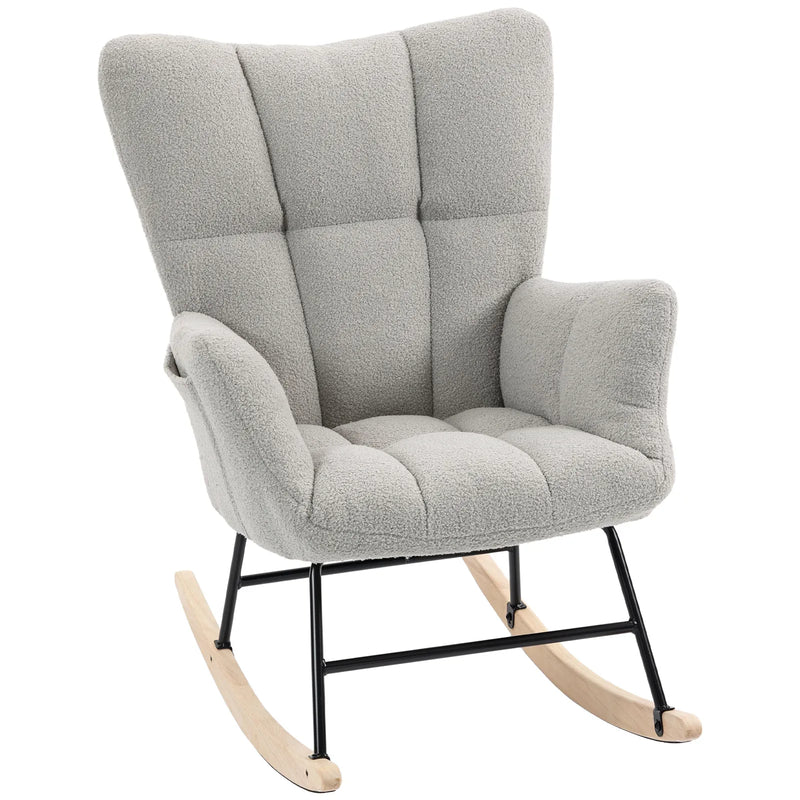 HOMCOM Rocking Chair, Teddy Fleece Rocker Chair with Tufted Wingback, Side Pockets, Rubber Wood Legs, Light Grey