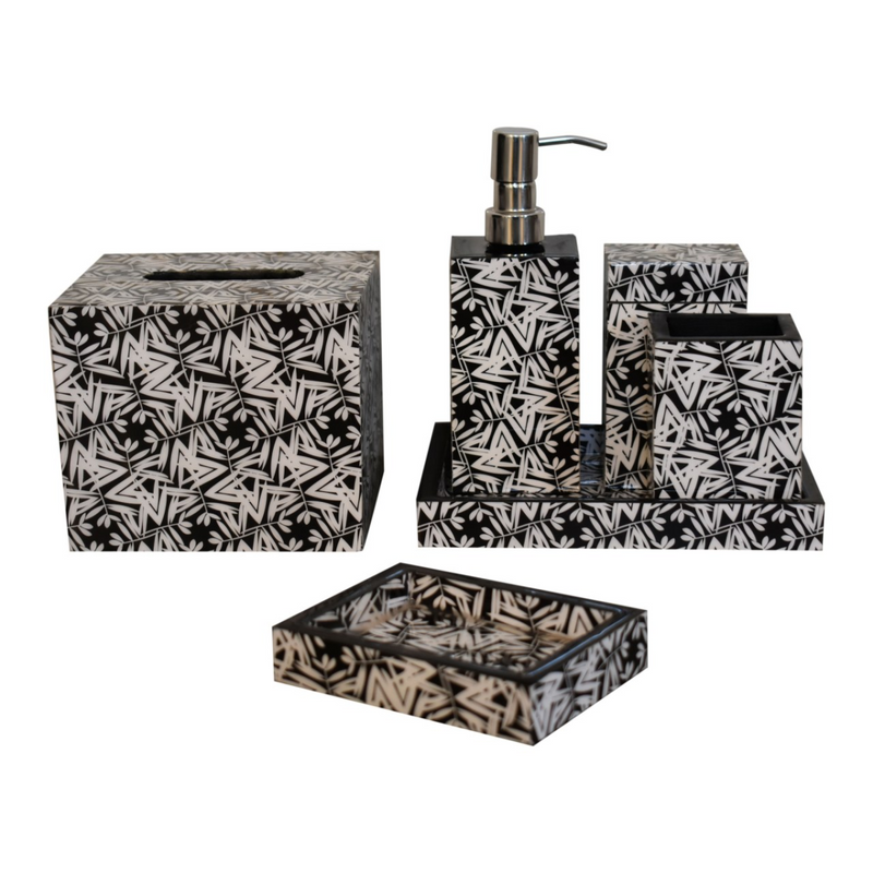 Artisan Furniture Bathroom Accessories - Aztec Print Wooden Bathroom Set of 6, Abstract Print